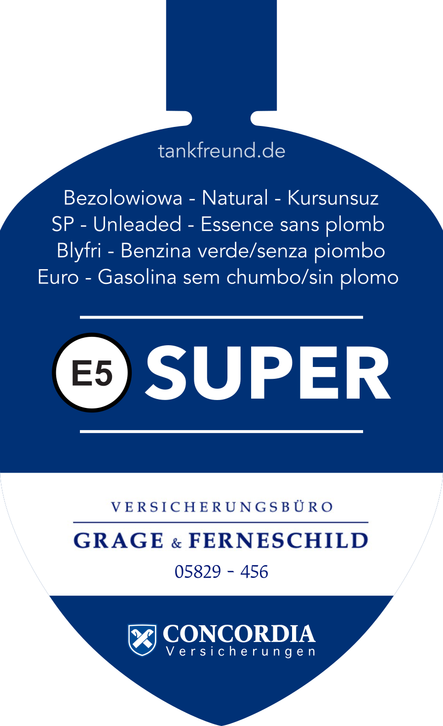 Tankfreund-Lasche Super E5 im Design einer Concordia-Agentur